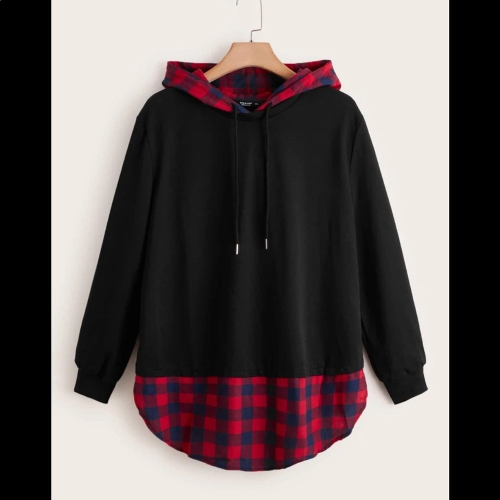 🔥2for$25🔥Plus gingham print curved hem hoodie
